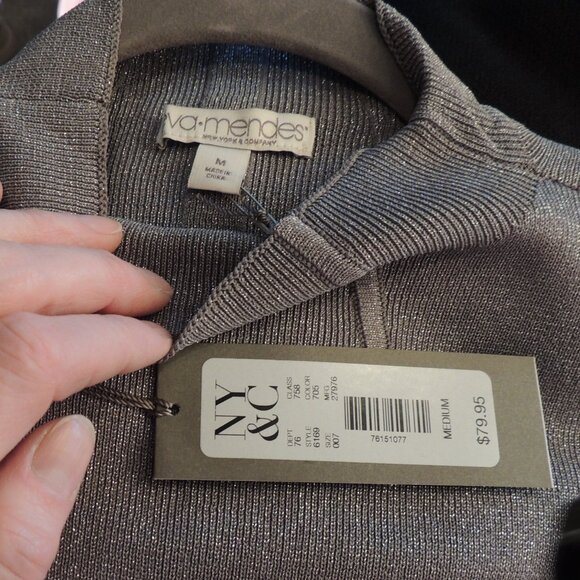 Eva Mendes Metallic Shimmer Mock-Neck Midi Dress – Long Sleeve, Gray Silver, Siz - Picture 6 of 7